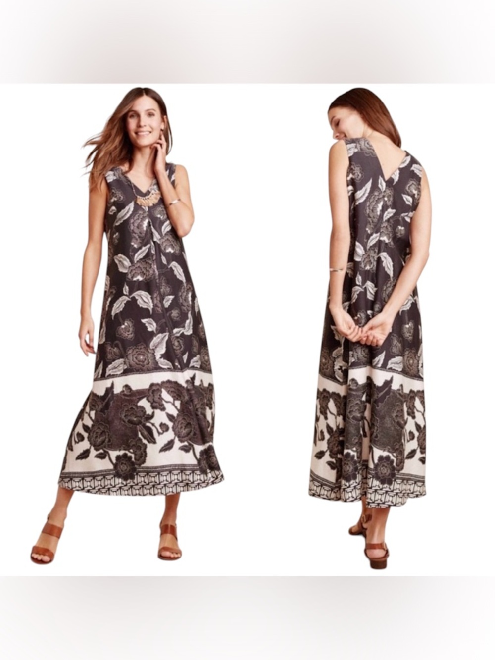 Anthropologie Floreat Soha Gray White Floral Maxi Dress Size XS Pockets
